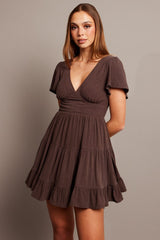 Brown Fit And Flare Dress V-neck Mini
