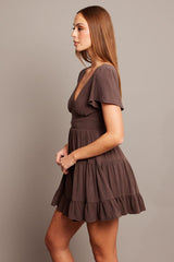 Brown Fit And Flare Dress V-neck Mini