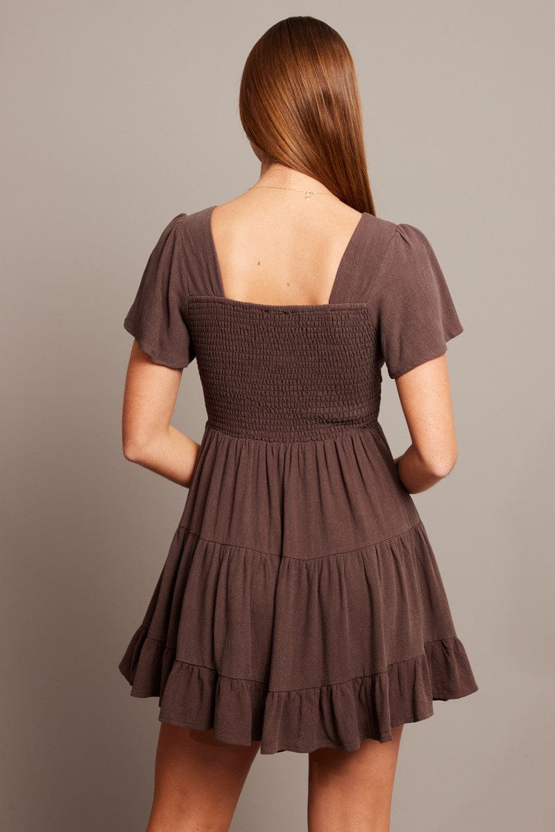 Brown Fit And Flare Dress V-neck Mini