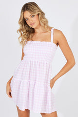 Purple Check Fit And Flare Dress Shirred Bust Mini