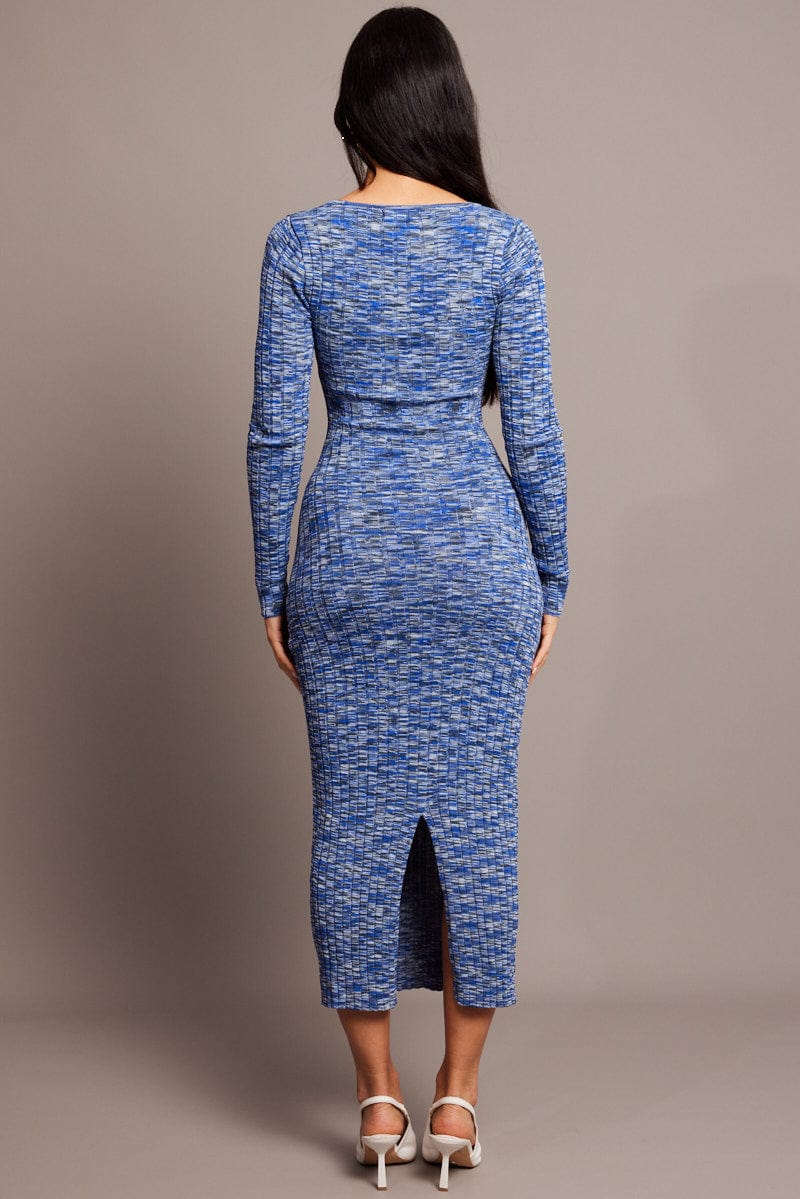 Blue Knit Dress Long Sleeve Space Dye