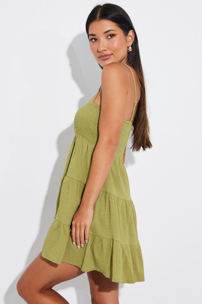 Green Mini Dress Shirred Bust