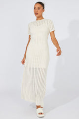 White Knit Maxi Dress Crochet Short Sleeve