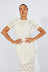 White Knit Maxi Dress Crochet Short Sleeve