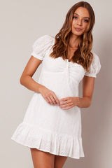 White Fit And Flare Dress Puff Sleeve Mini