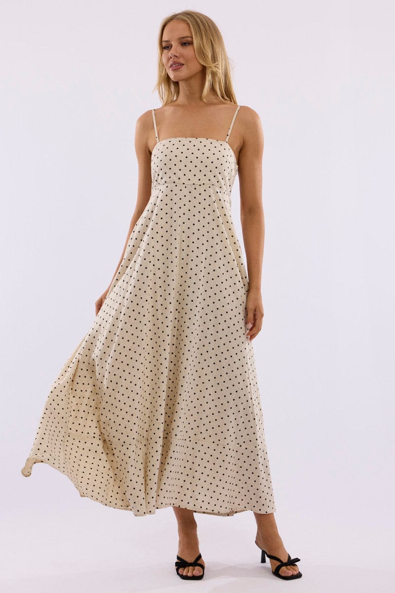 Beige Polka Dot Maxi Dress Strappy