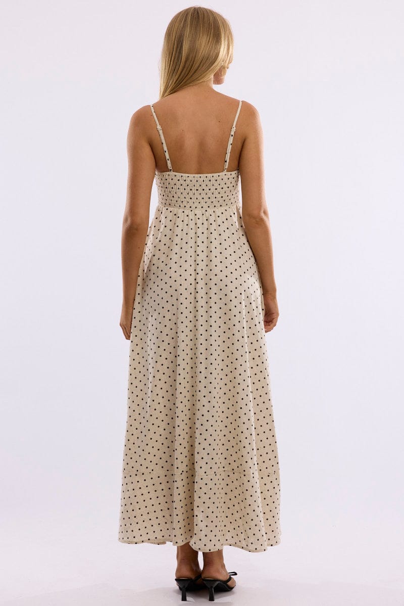 Beige Polka Dot Maxi Dress Strappy