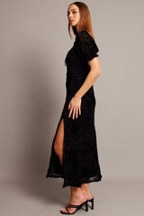 Black Midi Dress Puff Sleeve Burn Out