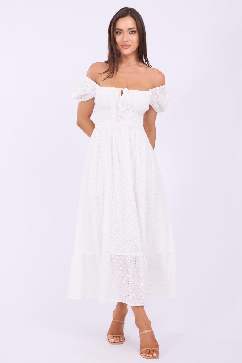 White Maxi Dress Puff Sleeve Eyelet Fabric