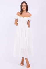 White Maxi Dress Puff Sleeve Eyelet Fabric