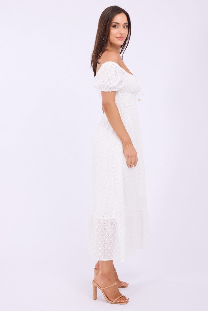 White Maxi Dress Puff Sleeve Eyelet Fabric