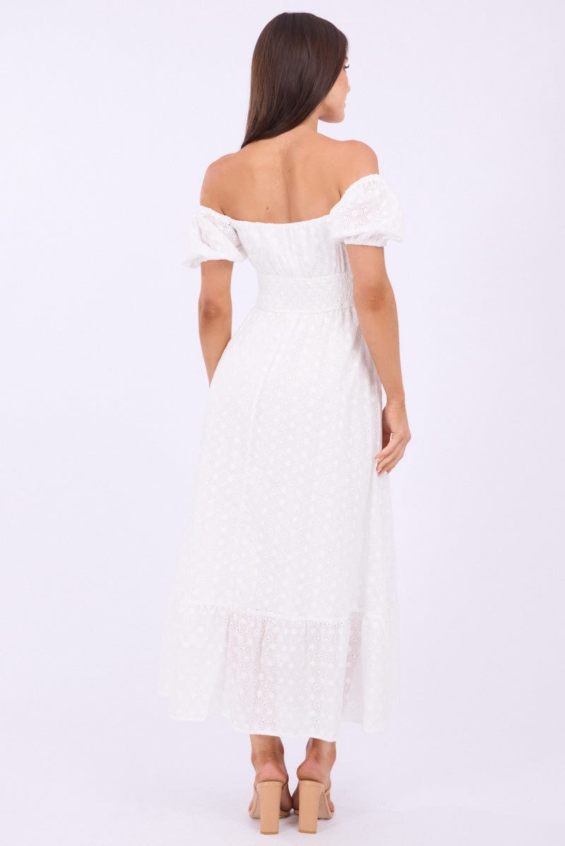 White Maxi Dress Puff Sleeve Eyelet Fabric