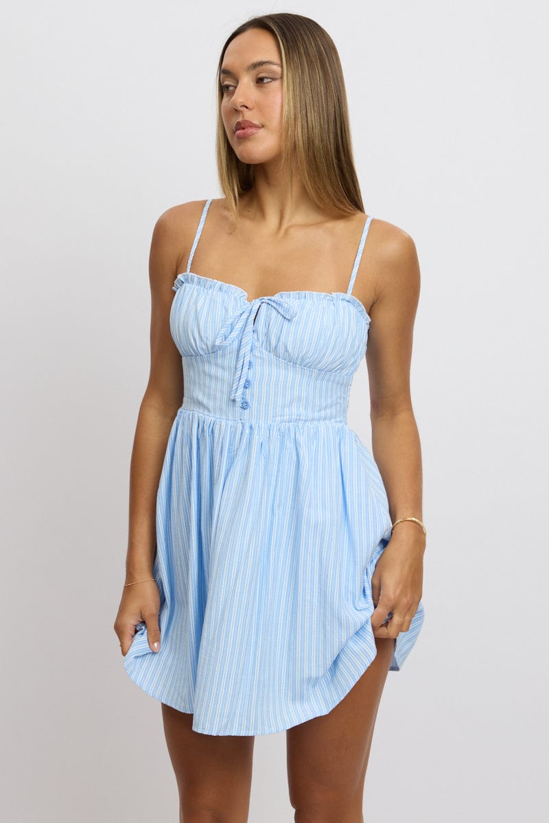 Blue Stripe Fit And Flare Dress Mini
