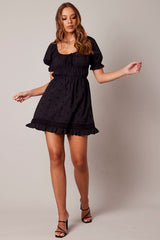 Black Fit And Flare Dress Puff Sleeve