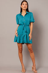 Green Fit And Flare Dress Short Sleeve Mini