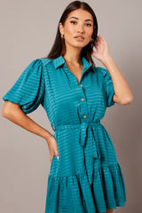Green Fit And Flare Dress Short Sleeve Mini