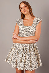 Beige Ditsy Fit And Flare Dress Puff Sleeve