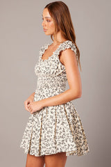 Beige Ditsy Fit And Flare Dress Puff Sleeve