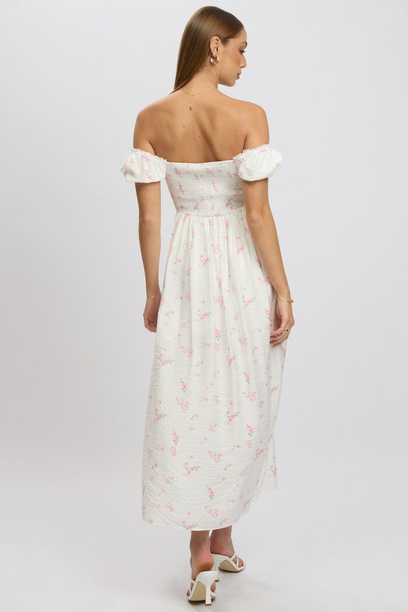 Pink Ditsy Midi Dress Short Sleeve Side Split