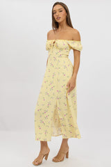 Yellow Floral Midi Dress Ruched Bust