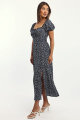 Blue Ditsy Midi Dress Short Sleeve Side Split