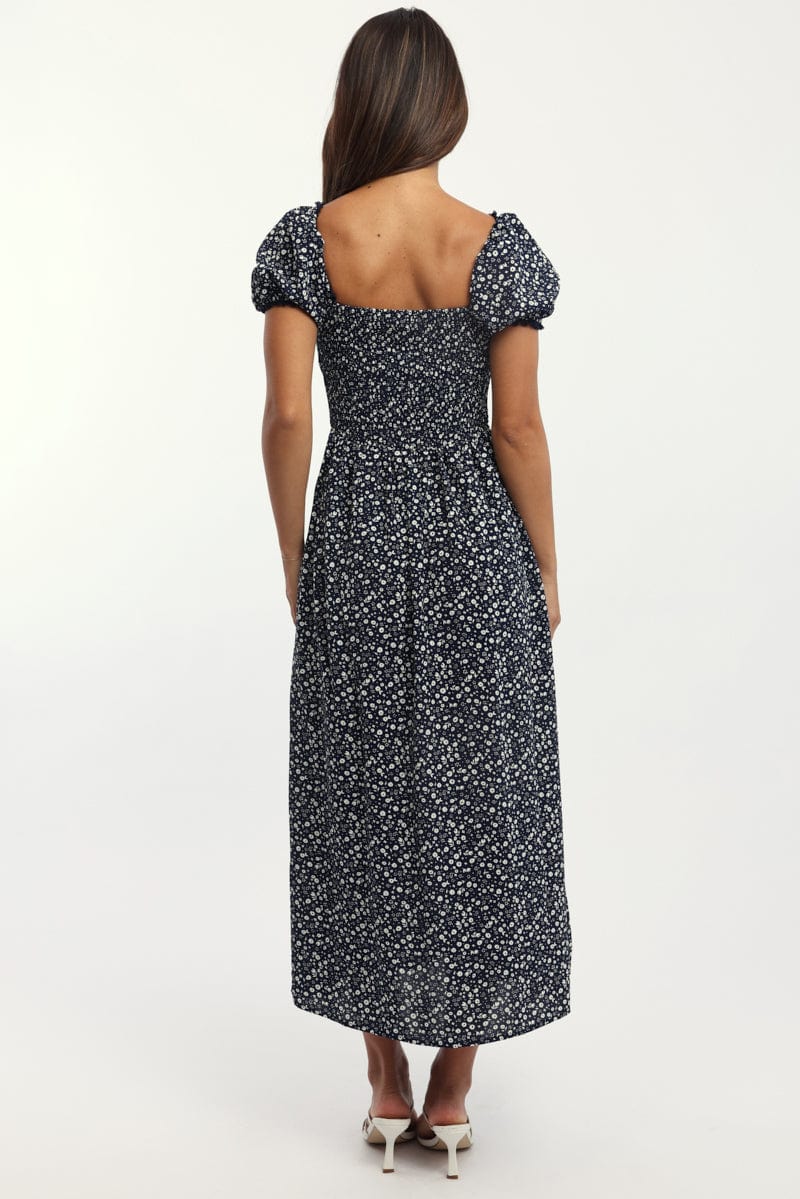 Blue Ditsy Midi Dress Short Sleeve Side Split