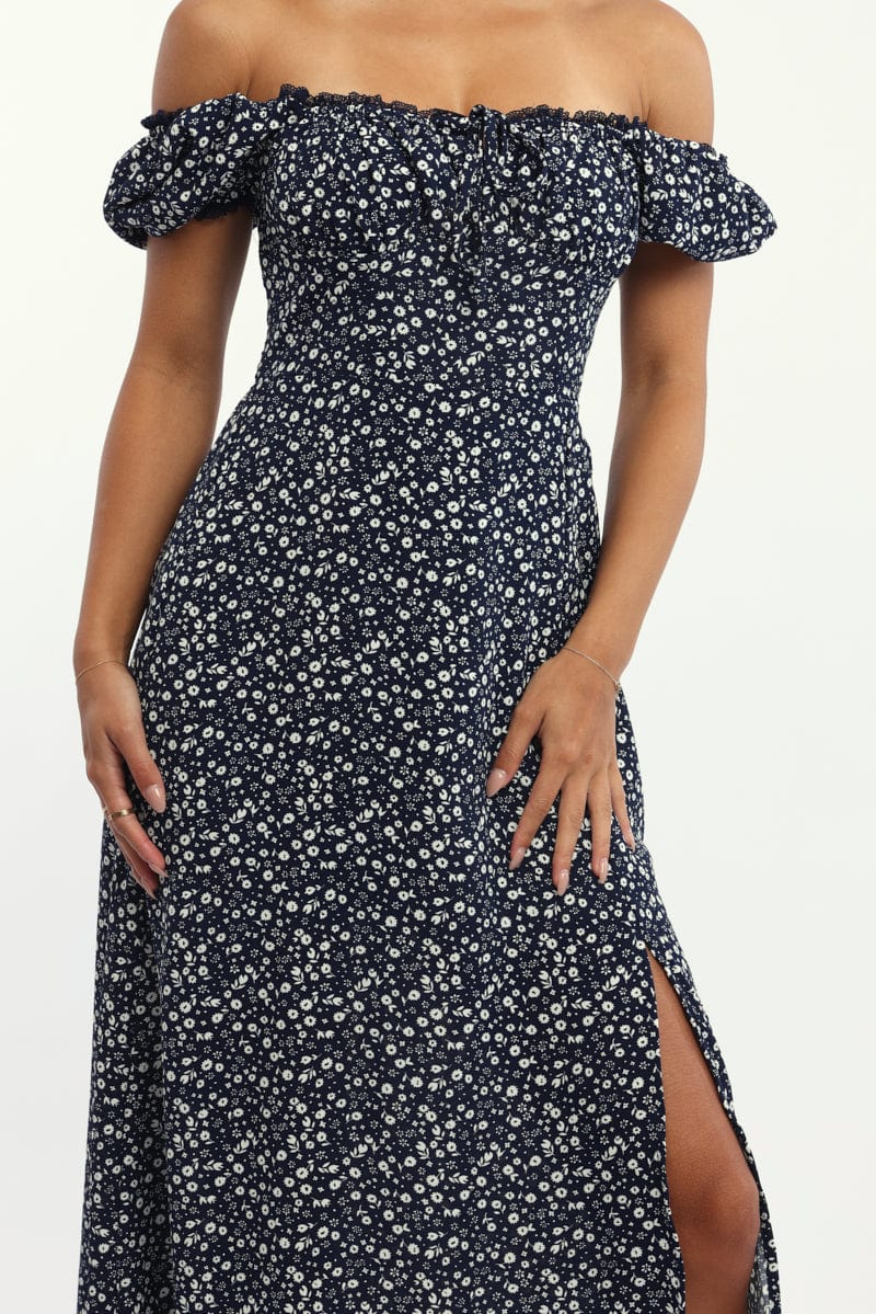 Blue Ditsy Midi Dress Short Sleeve Side Split