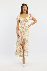 Beige Ditsy Midi Dress Short Sleeve Side Split