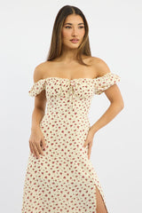 Beige Ditsy Midi Dress Short Sleeve Side Split