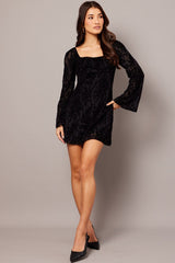 Black Mini Dress Long Sleeve Burnout
