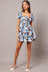 Multi Floral Fit And Flare Dress Puff Sleeve Mini Floral print