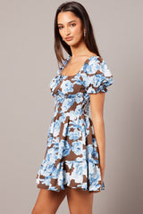 Multi Floral Fit And Flare Dress Puff Sleeve Mini Floral print