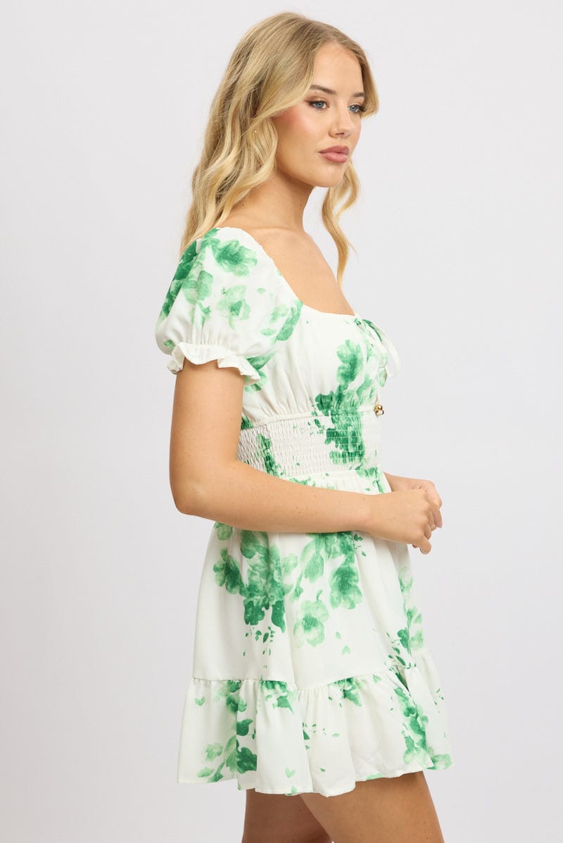 Green Floral Fit And Flare Dress Mini