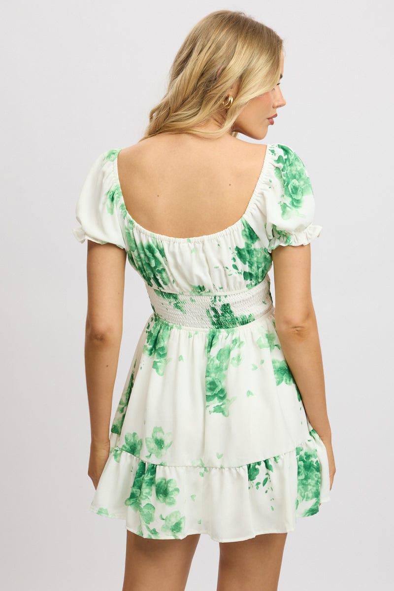 Green Floral Fit And Flare Dress Mini