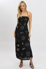 Black Abstract Midi Dress Strappy