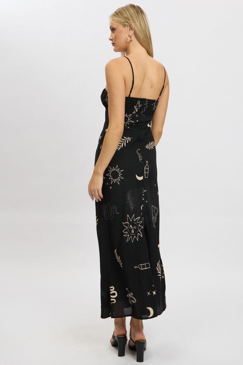 Black Abstract Midi Dress Strappy