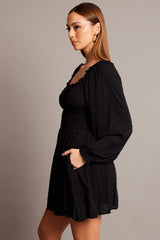 Black Fit And Flare Dress Long Sleeve Mini