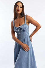 Blue Midi Dress Gathered Bust