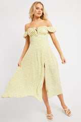Yellow Ditsy Midi Dress Puff Sleeve