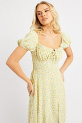 Yellow Ditsy Midi Dress Puff Sleeve
