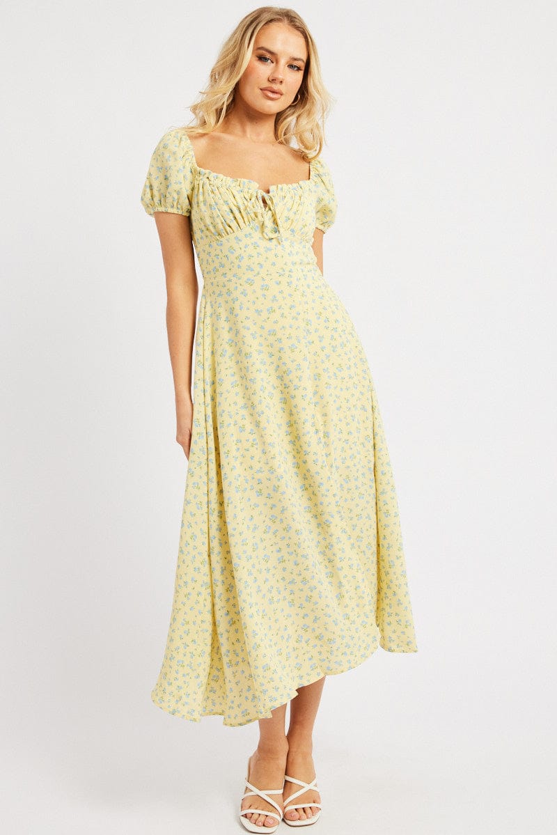 Yellow Ditsy Midi Dress Puff Sleeve