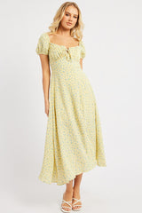 Yellow Ditsy Midi Dress Puff Sleeve
