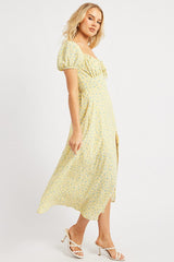 Yellow Ditsy Midi Dress Puff Sleeve