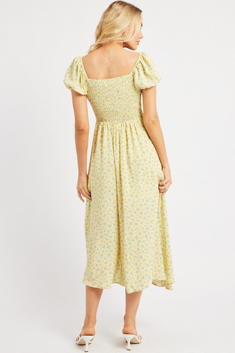 Yellow Ditsy Midi Dress Puff Sleeve