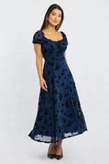 Blue Floral Midi Dress Puff Sleeve