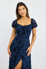 Blue Floral Midi Dress Puff Sleeve