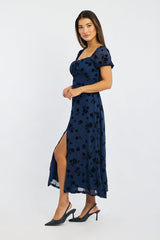 Blue Floral Midi Dress Puff Sleeve