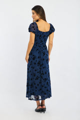 Blue Floral Midi Dress Puff Sleeve