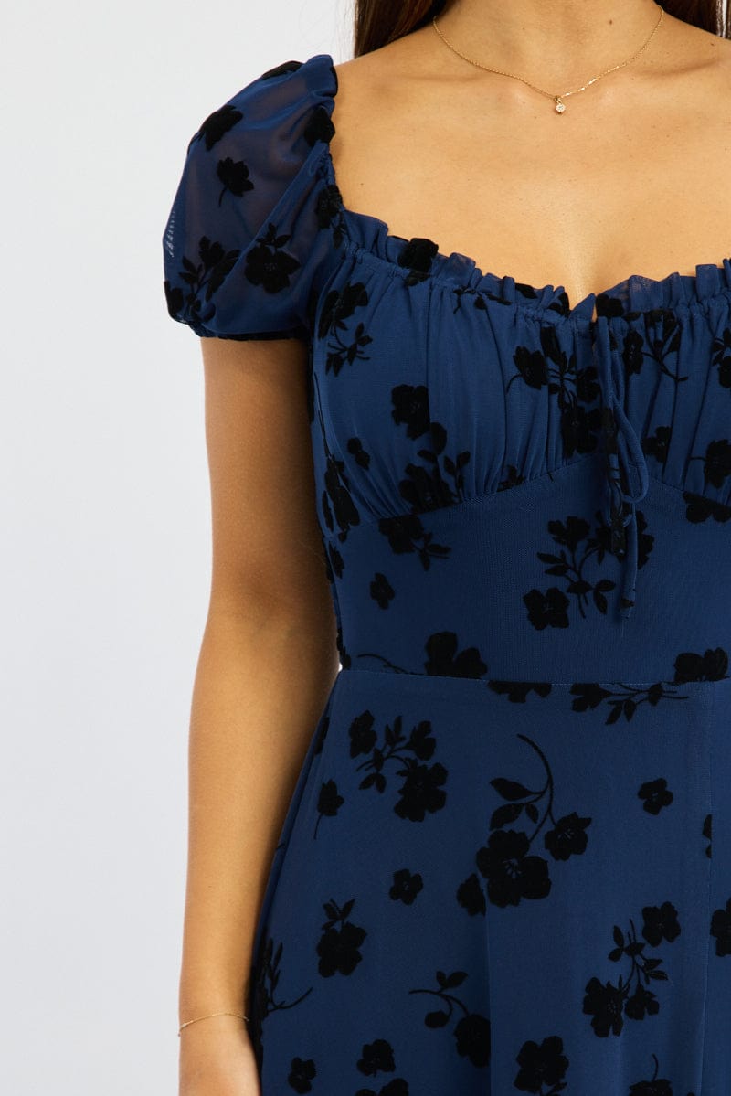 Blue Floral Midi Dress Puff Sleeve