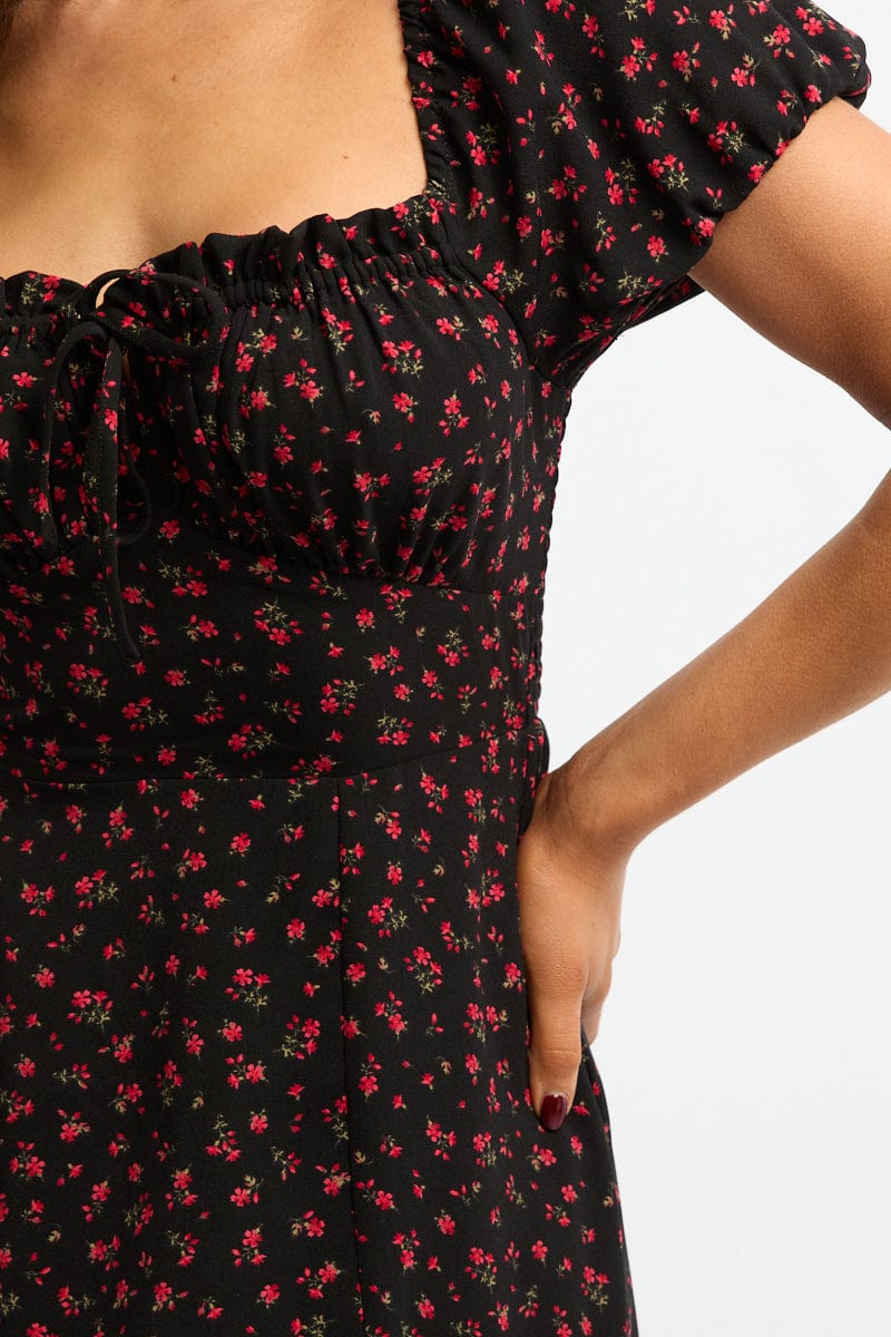 Black Ditsy Midi Dress Puff Sleeve